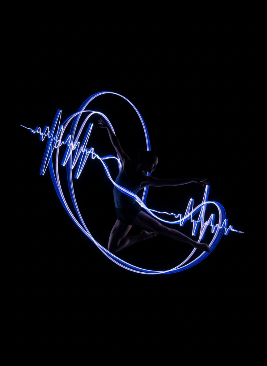 Dancer mid-leap trailing blue sound waves of light